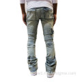 Custom Acid Wash Distressed Flare Stacked Jeans Pants